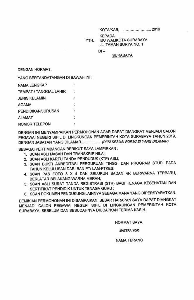 Surat Lamaran CPNS Pemkot Surabaya
